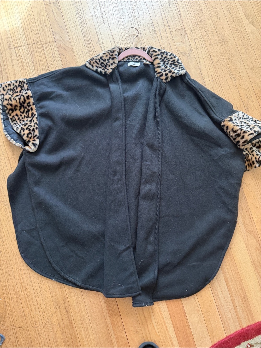 Black Cape Jacket with Leopard Faux-Fur Trim